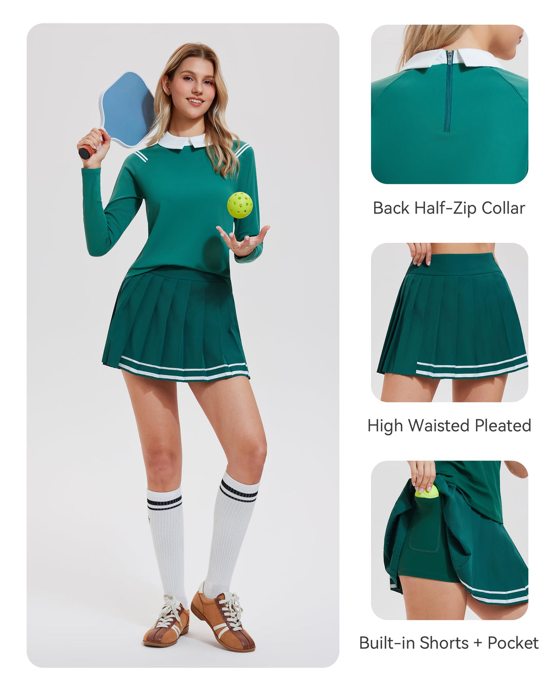 2 Piece Collared Top ＆ Pleated Skirt