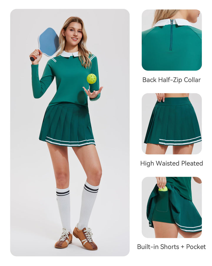 2 Piece Collared Top ＆ Pleated Skirt