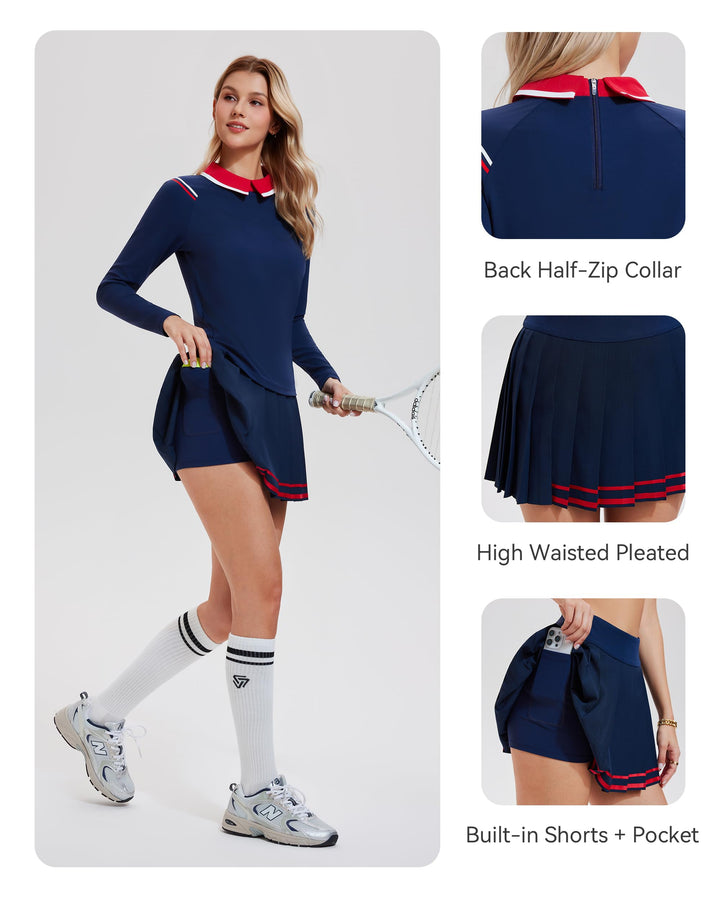 2 Piece Collared Top ＆ Pleated Skirt