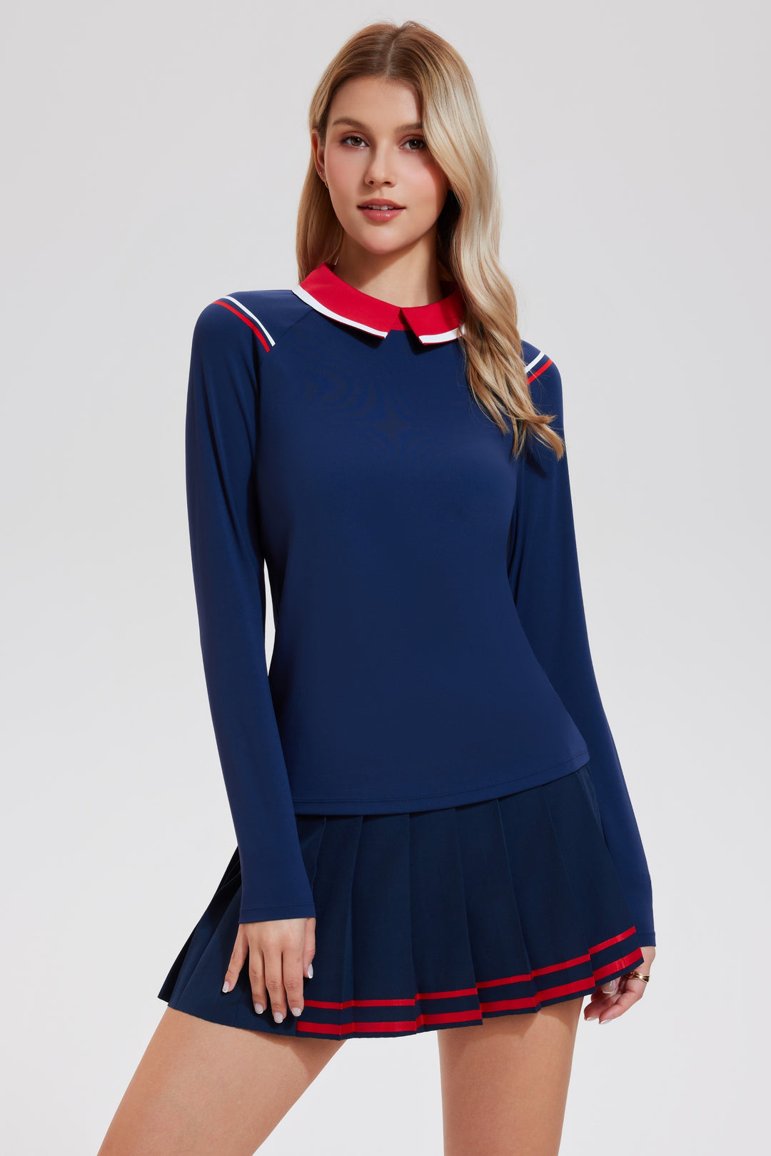 2 Piece Collared Top ＆ Pleated Skirt