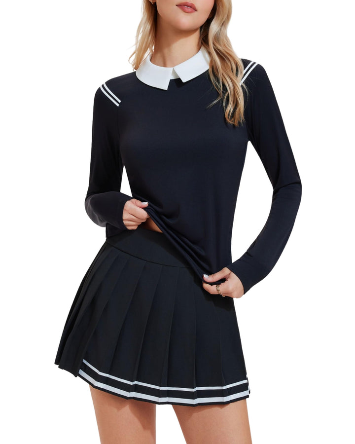 2 Piece Collared Top ＆ Pleated Skirt