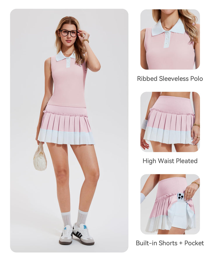 2 Piece Polo Top ＆ Pleated Skirt
