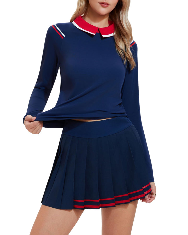 2 Piece Collared Top ＆ Pleated Skirt