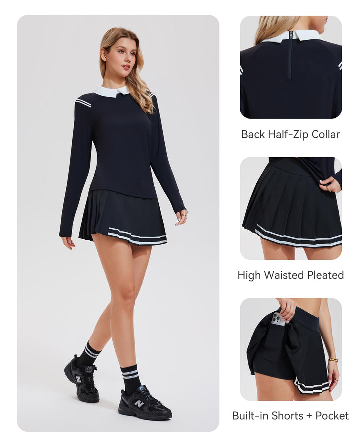 2 Piece Collared Top ＆ Pleated Skirt